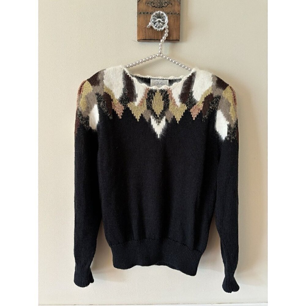 Vintage Destinee Womens Size Large Black Sweater Angora Trim